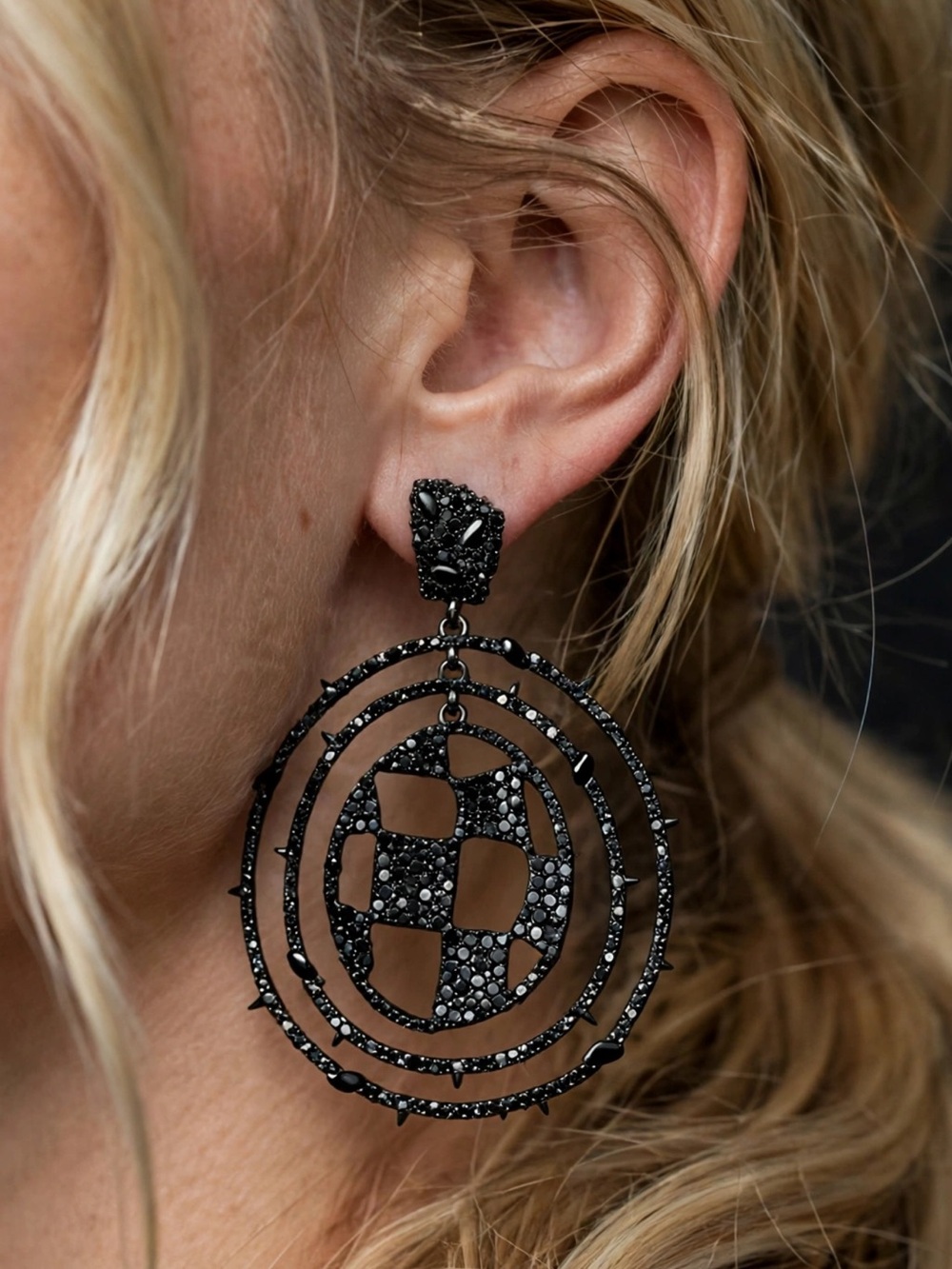 New Amimi Black Crystal Spiked Hoop Earrings S925 Hooks Statement Goth Glam E149